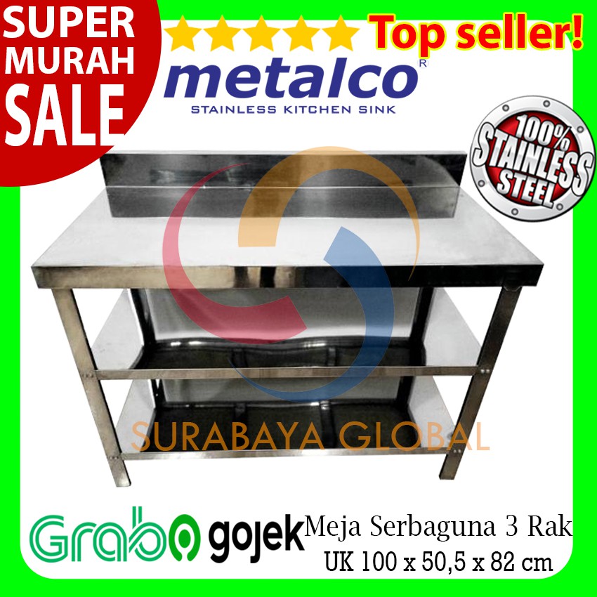 Meja Dapur Kompor Stainless Steel 3 Rak Serbaguna Metalco