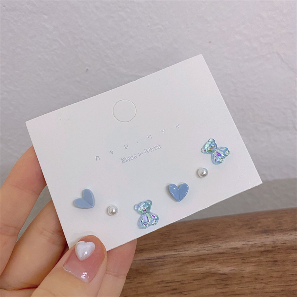 【COD Tangding】6pcs/set Aurora Bear Heart Stud Earrings with Colorful Summer INS Earstuds Fashion Accessories Jewelry