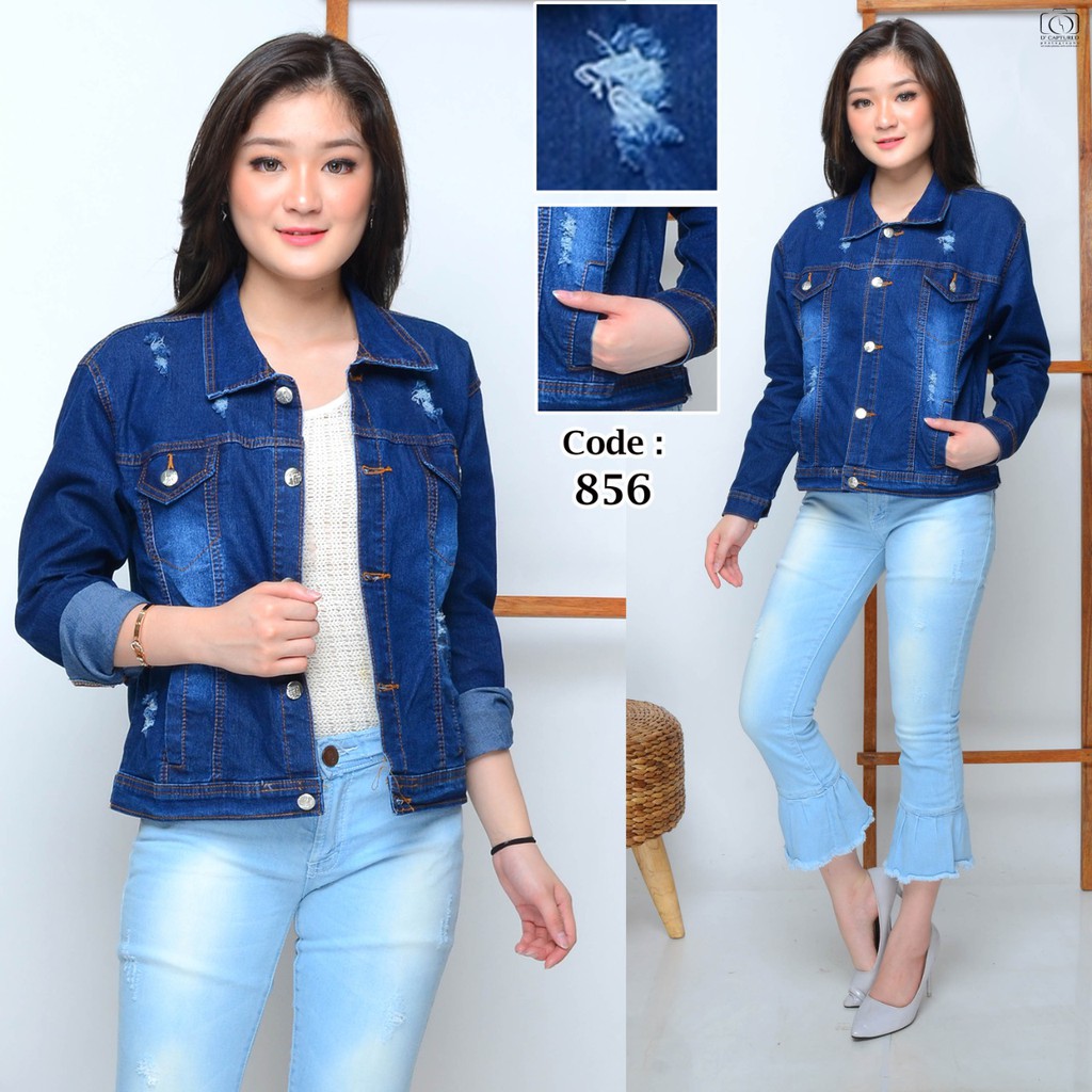 MC girl Jaket Jeans Sobek Wanita / Jaket Ripped Korea / Jaket Size XL