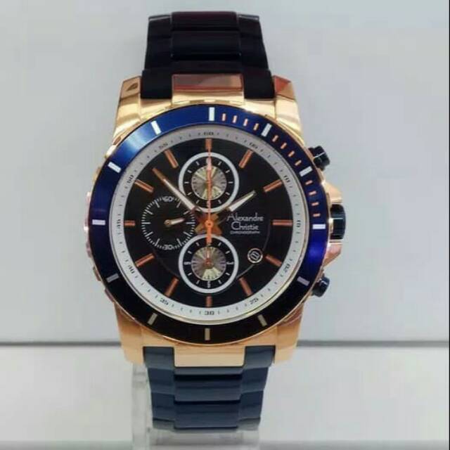 JAM TANGAN PRIA ALEXANDRE CHRISTIE AC 6141 COWOK ROSEGOLD BLUE / ROSE GOLD RANTAI BIRU ORIGINAL