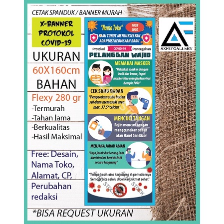 Cetak spanduk x-banner protokol covid terbaru dan termurah untuk toko - Biru Spanduk Saja Elegan