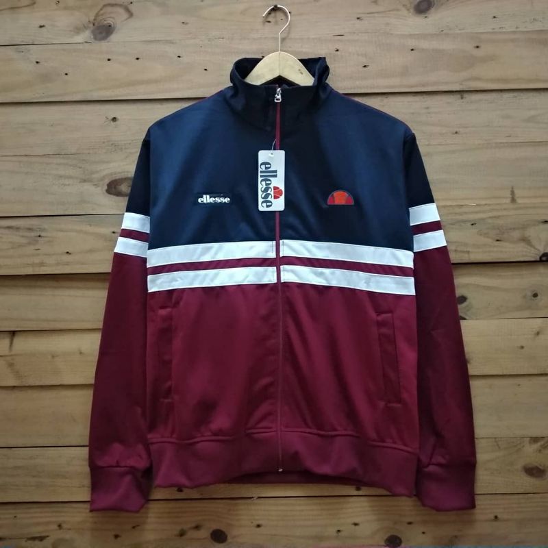 jaket tracktop casual ellesse premium navy maroon list putih