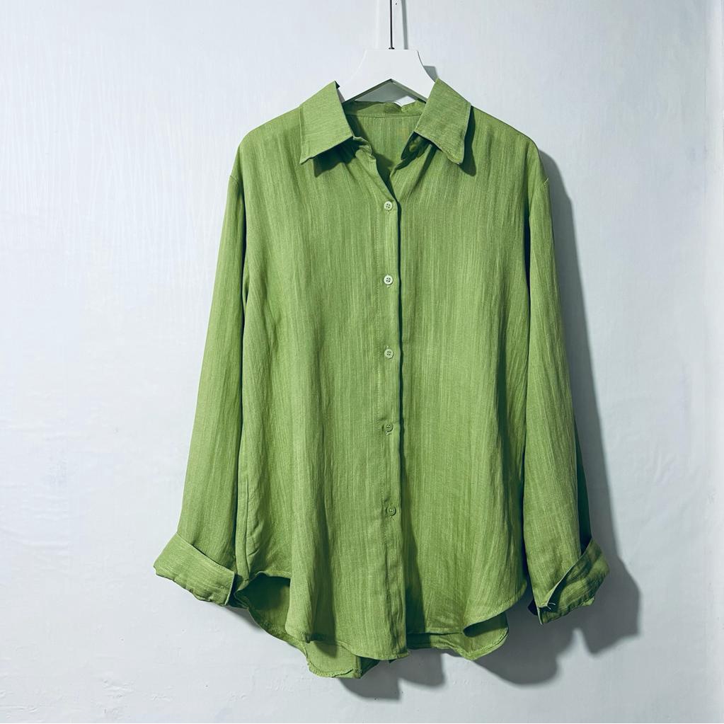 Saku Kemeja Wanita/Blus kemeja linen 2021 Kualitas tinggi Wanita/Atasan wanita kantor Wanita chic lengan panjang-Hijau Muda_KMJ Linen
