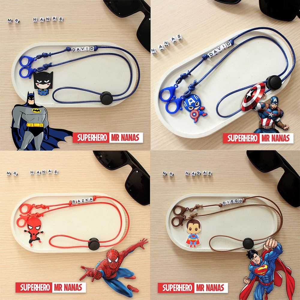 2 in 1 Tali Strap Masker FREE CUSTOM NAMA &amp; BONEKA SUPERHERO Anak-anak Laki-laki/Cowok Kalung Masker Mr Nanas