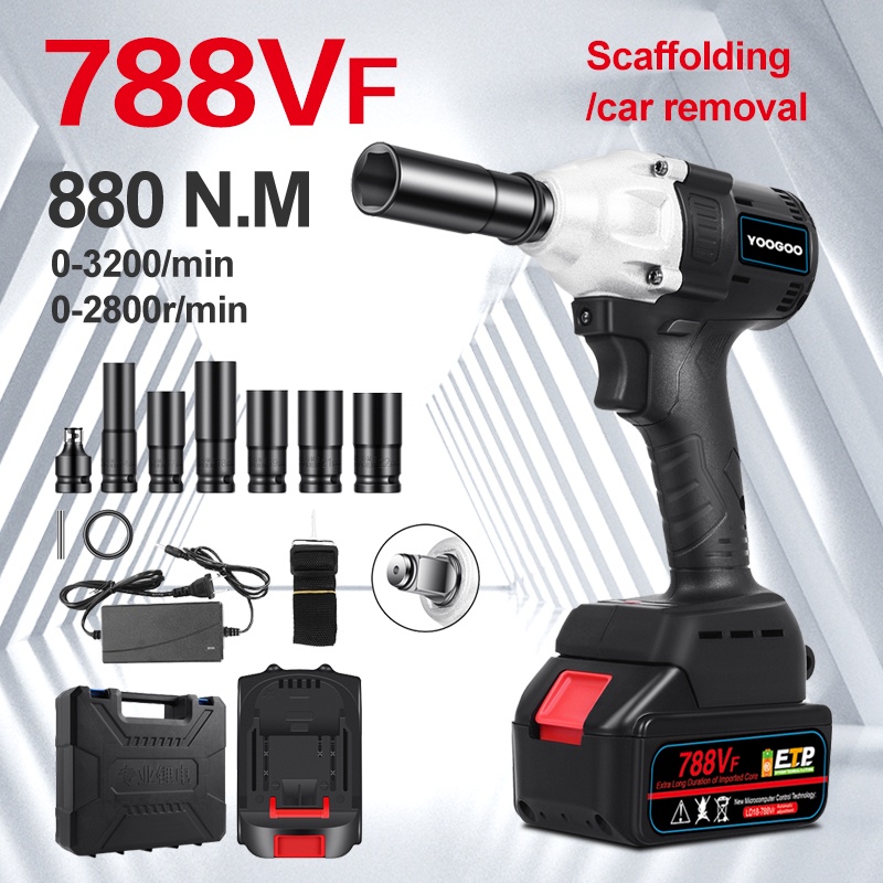 788VF Cordless Impact Wrench 48V 880N.M Soket Listrik Torsi Reverse Ban Perbaikan Pembongkaran 2 Baterai