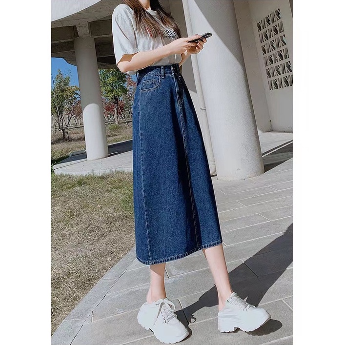 New Korean Rok Jeans Panjang Wanita kembali Slit skirt midi