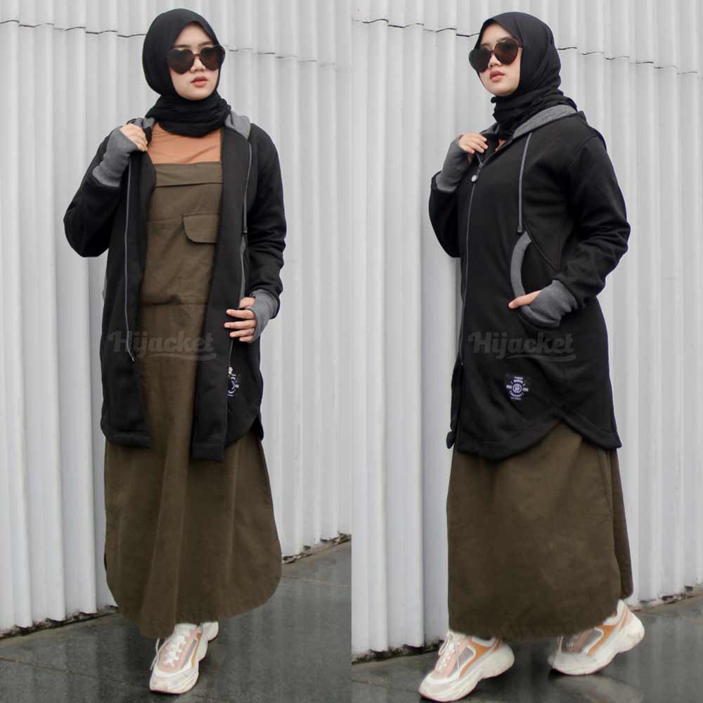 Jaket Jacket Panjang Hoodie Wanita Cewek Hijabers Muslimah Roundhand Kekinian Terbaru Hijacket ELK-Hitam