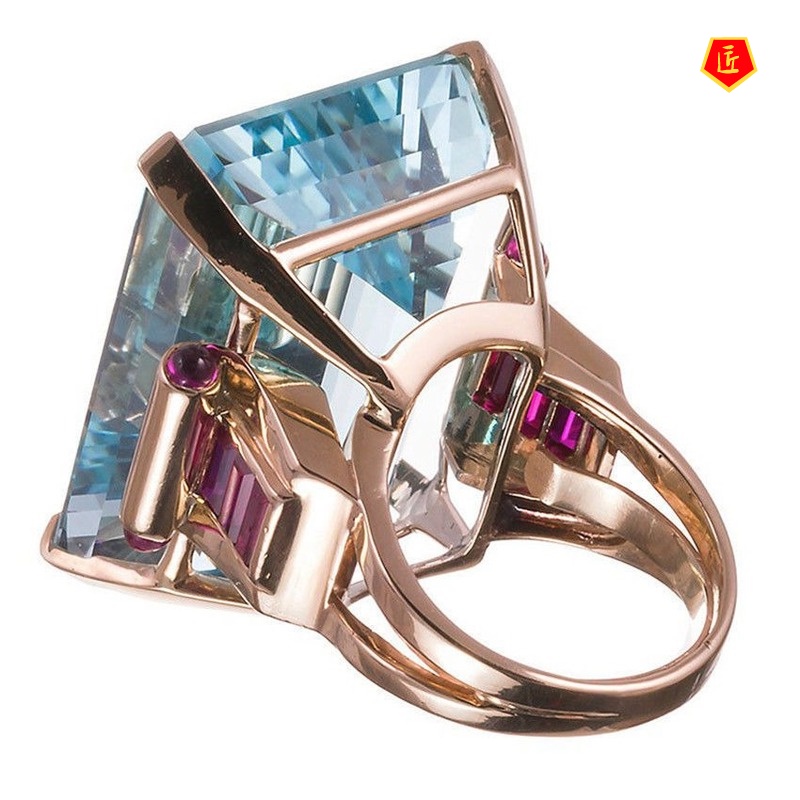 [Ready Stock]Inlaid Sea Blue Topaz Square Diamond Ring Rose Gold Elegant Fashion