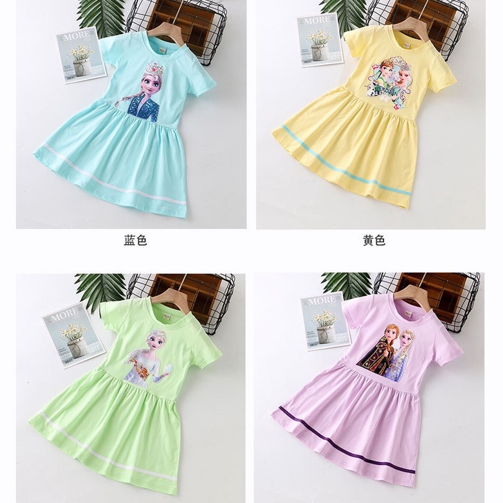 Forzen Dress Anak Perempuan Elsa Lengan Pendek Katun Disney Motif Kartun Karakter Import