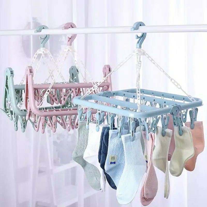 Hanger Lipat Gantungan Jemuran Kaos Kaki Baju Pakaian Bayi 32 Jepit