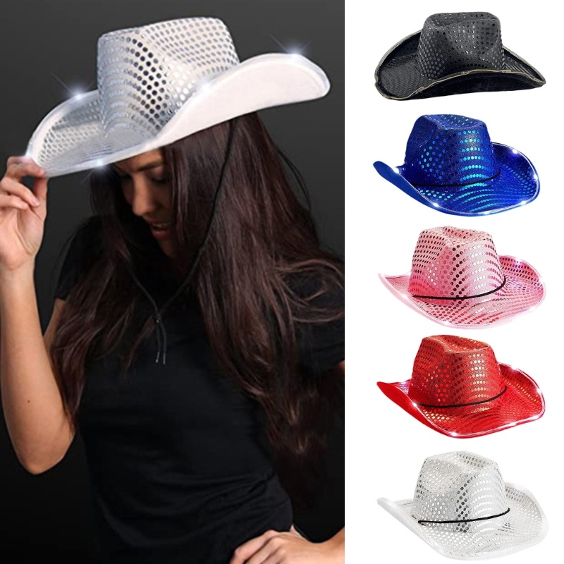 Topi Cowboy Hias Sequin Dengan Lampu LED Gaya Vintage