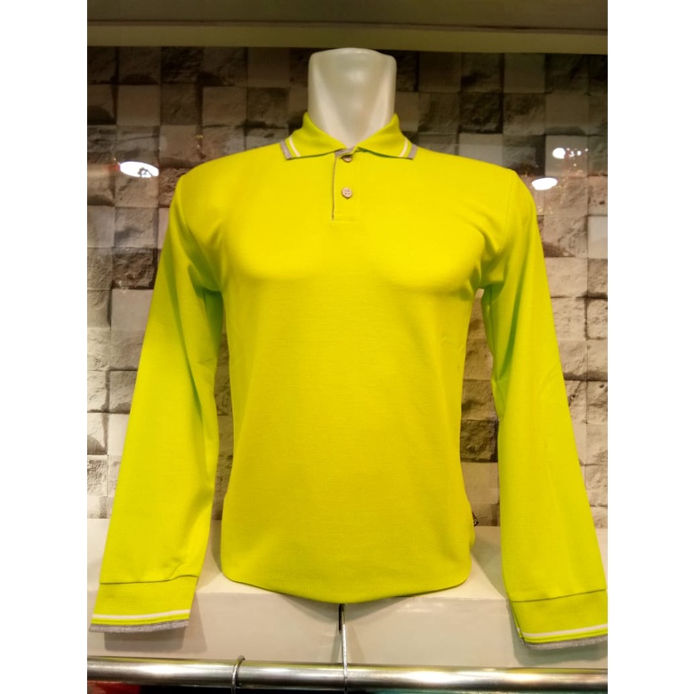 Kaos Kerah Polo Shirt Lis Lengan Panjang Warna Hijau Stabilo Untuk Cewe Cowo Seragam Partai