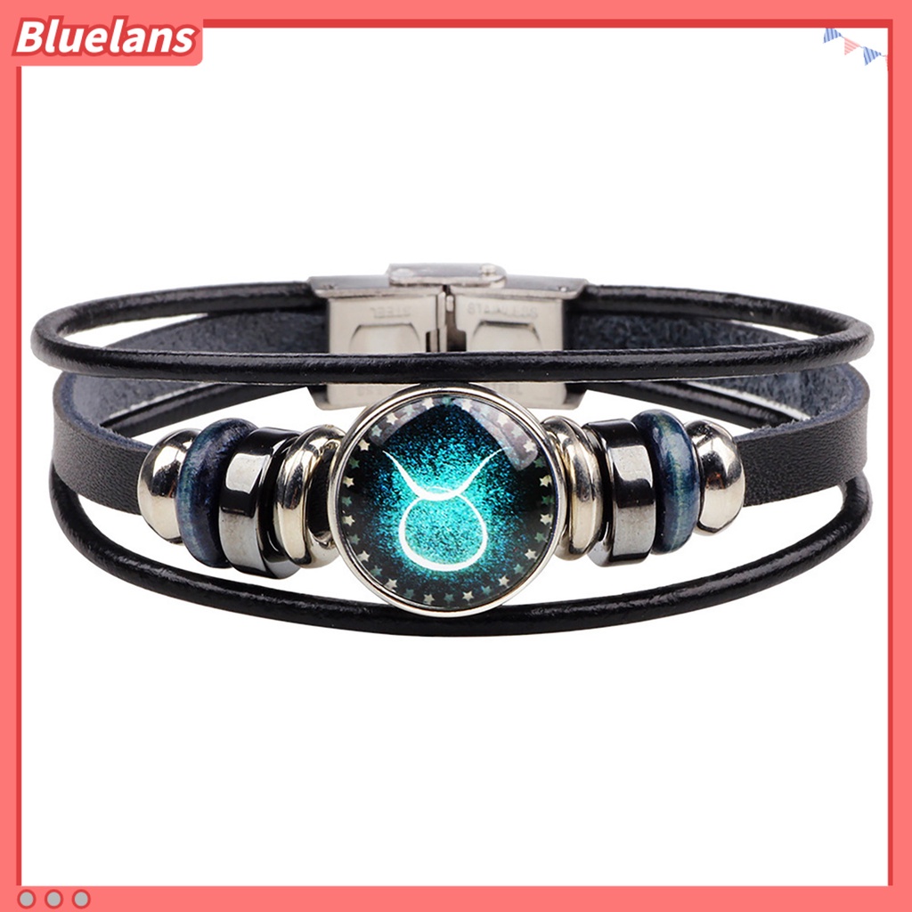 Bluelans Gelang Kulit Multilayer Hias Manik-Manik 12 Rasi Bintang Gaya Retro Untuk Unisex