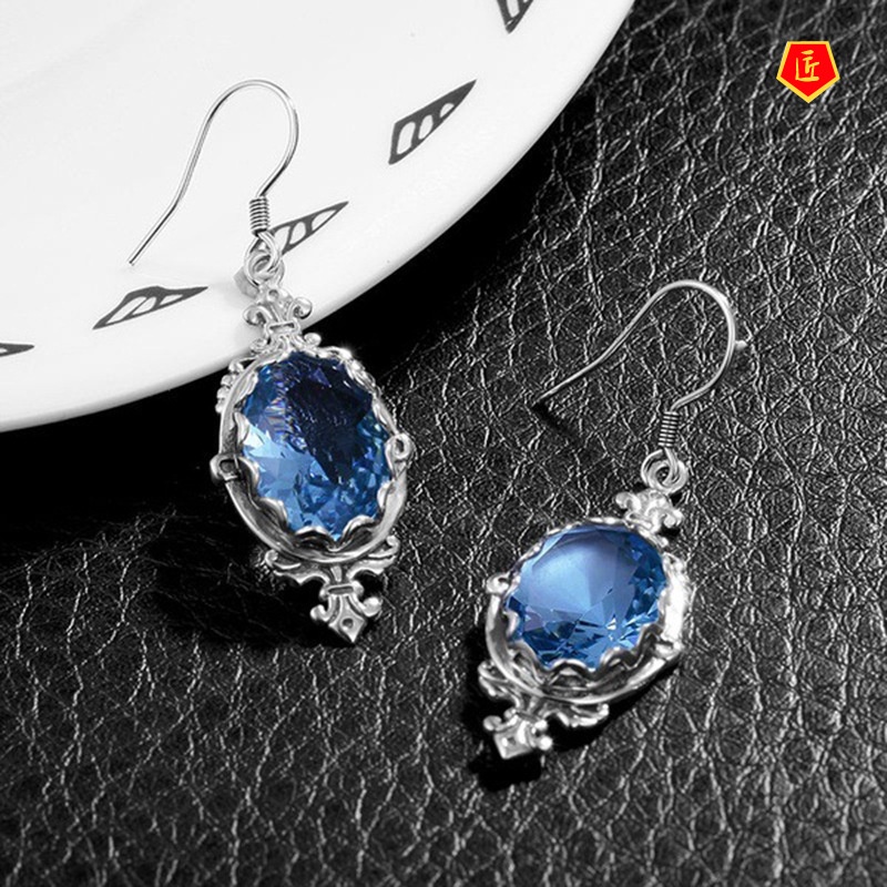 [Ready Stock]S925 Silver Inlaid Topaz Aquamarine Earrings Retro Women's