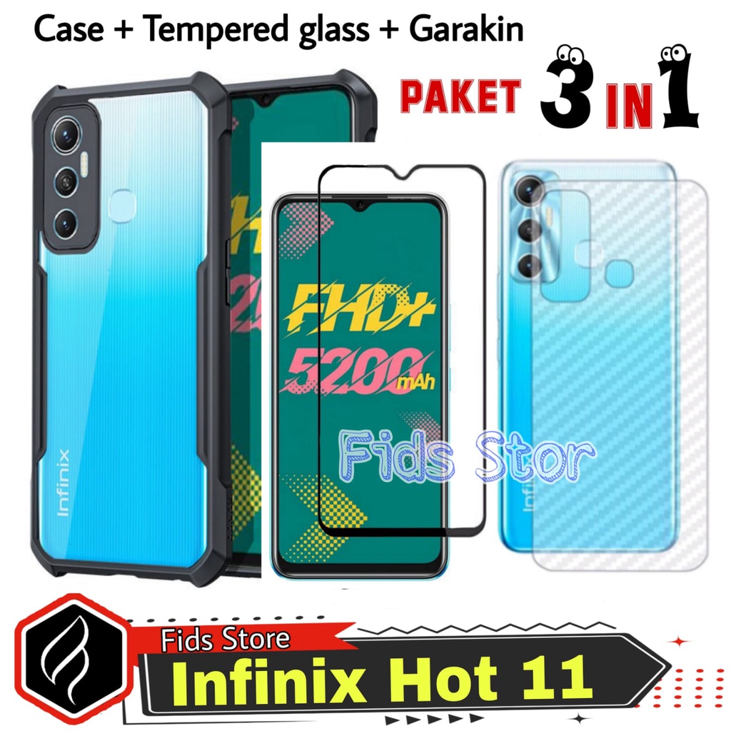 PROMO 3in1 INFINIX HOT 11 / INFINIX HOT 11 Play Case Shockproof  Free Tempered Glass Layar &amp; Garskin Karbon