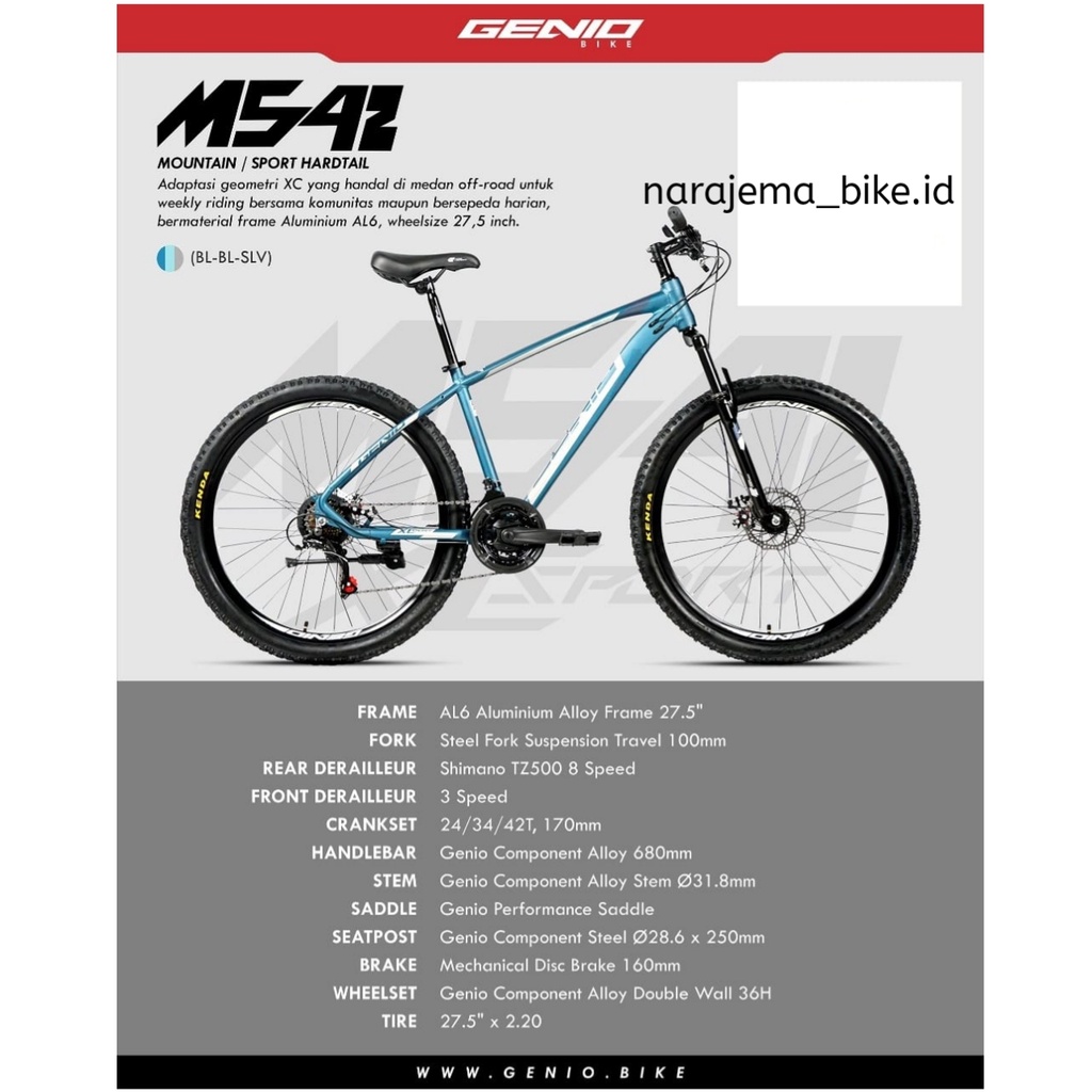 Sepeda Gunung MTB GENIO M542 Frame Alloy 24 Speed Uk.27.5 Inch
