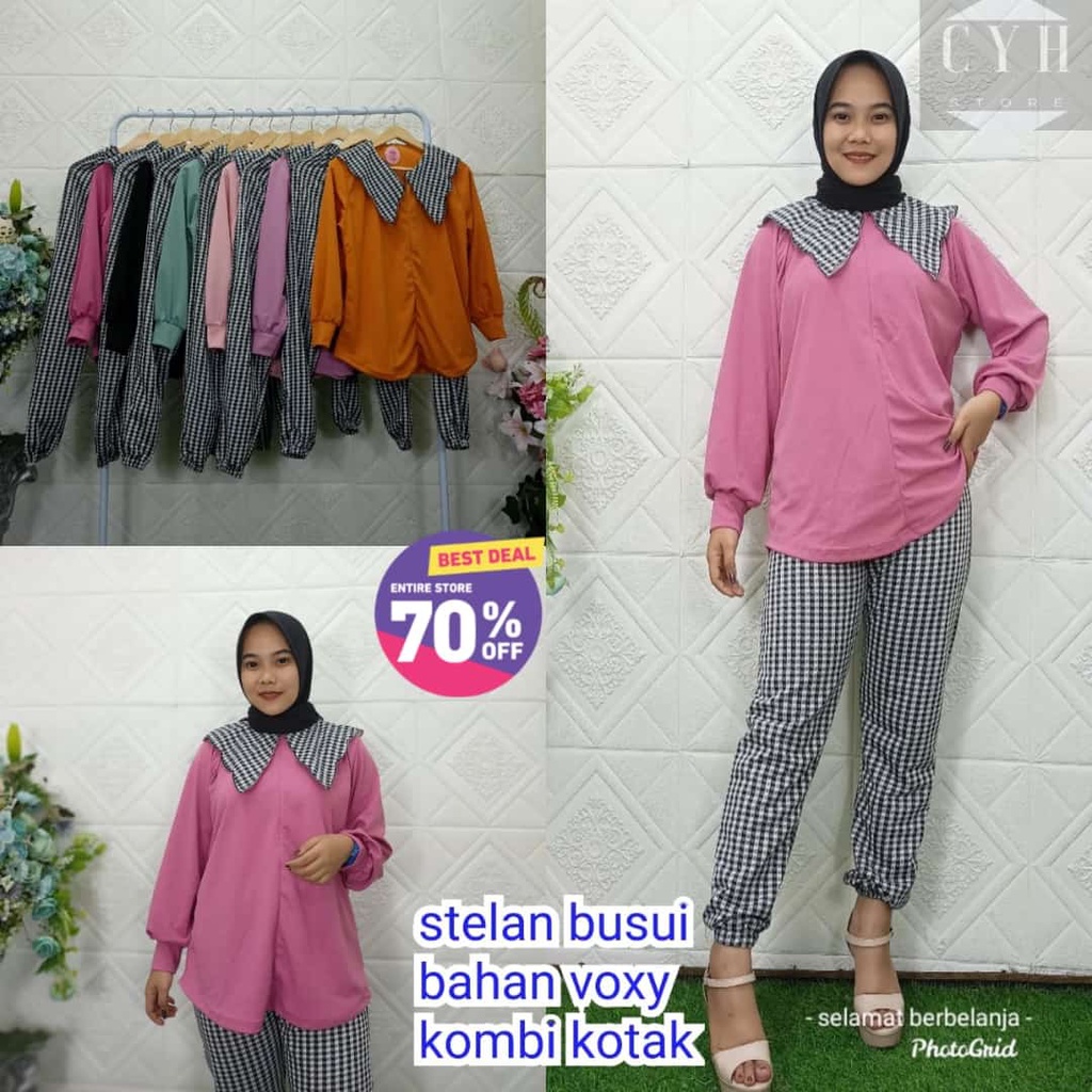 SETELAN CELANA BUSUI KOMBI KOTAK BAHAN VOXY / FASHION PAKAIAN WANITA MUSLIM / 5649