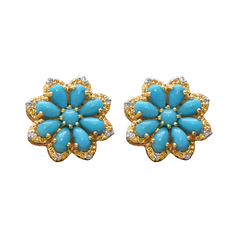 Boho Vintage Turquoise Stud Earrings Women 925 Sterling Silver Snow Flower Diamond Earrings Bridal Wedding Party Anniversary Gift Jewelry