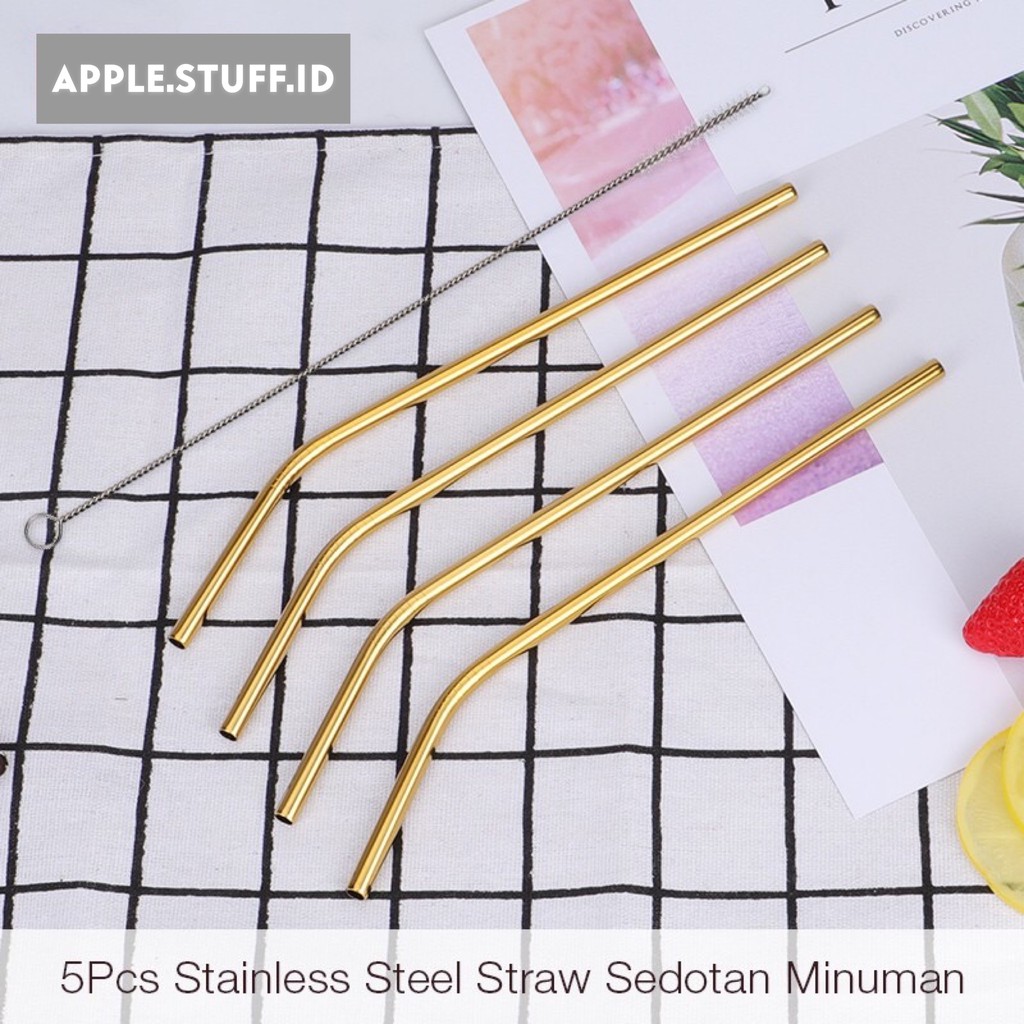 5Pcs Stainless Steel Elbow Straws Sedotan Minuman 215mm