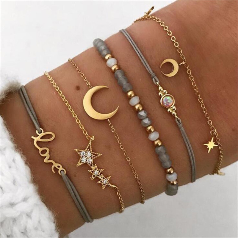 6pcs / Set Gelang Multilayer Desain Bulan Bintang Manik-Manik Berlian Untuk Wanita