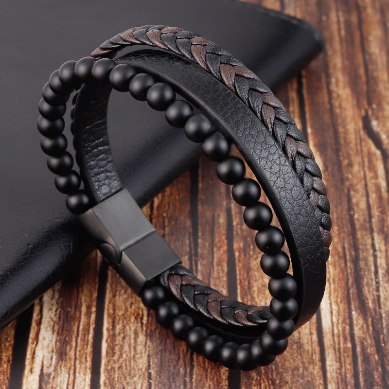 Gelang Batu Vulkanik Alami / Gelang Kulit Dikepang / Gelang Pria Multi-layer / Aksesoris Perhiasan Fashion