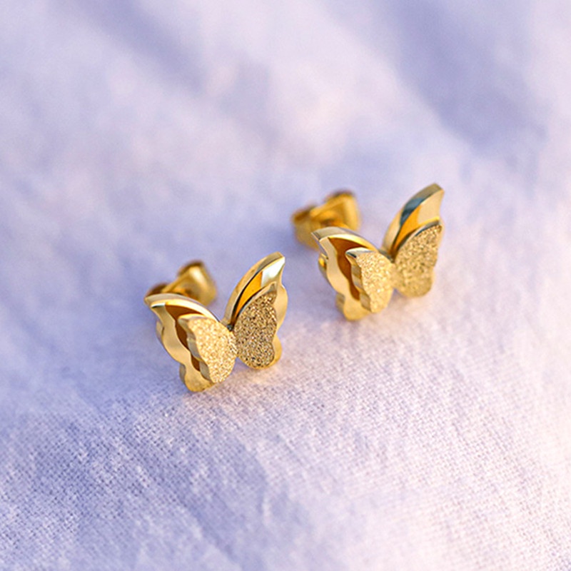 Anting Titanium Wanita Tindik Kupu-kupu Anti Karat Premium Emas 18k Perhiasan Korea