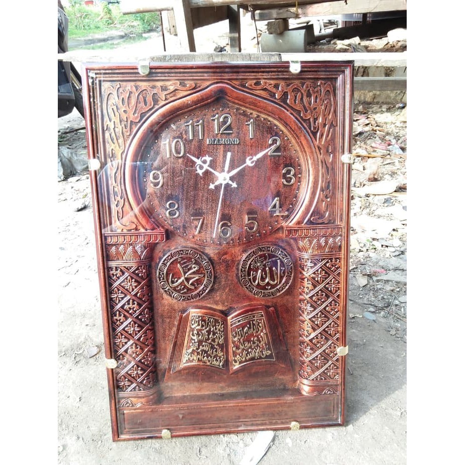 Jam Dinding Hiasan Islami Kaligrafi Mesjid Diamond Printed Kotak Besar Unik Gratis Packing Kayu-3