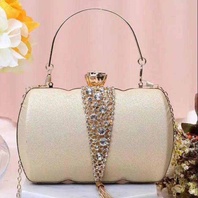 tas pesta import clutch bag silver gold rose gold handle party bag tali tantai batu permata