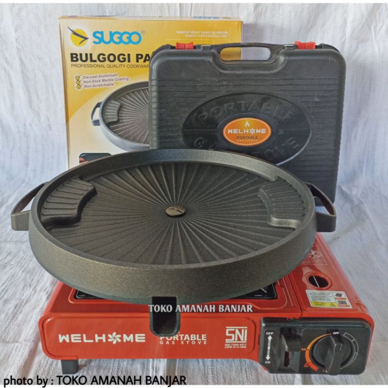Paket Bulgogi Grill Pan 32cm DENGAN TUTUP KACA + Kompor Portable | Paket Kompor Portable Panggangan 