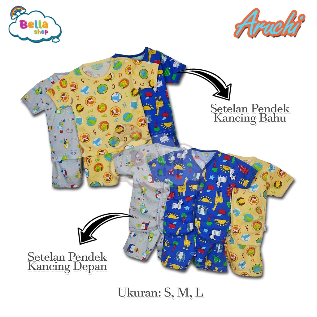 1 SETEL ARUCHI Setelan Pendek Piyama Bayi Motif Lucu-BELLASHOP