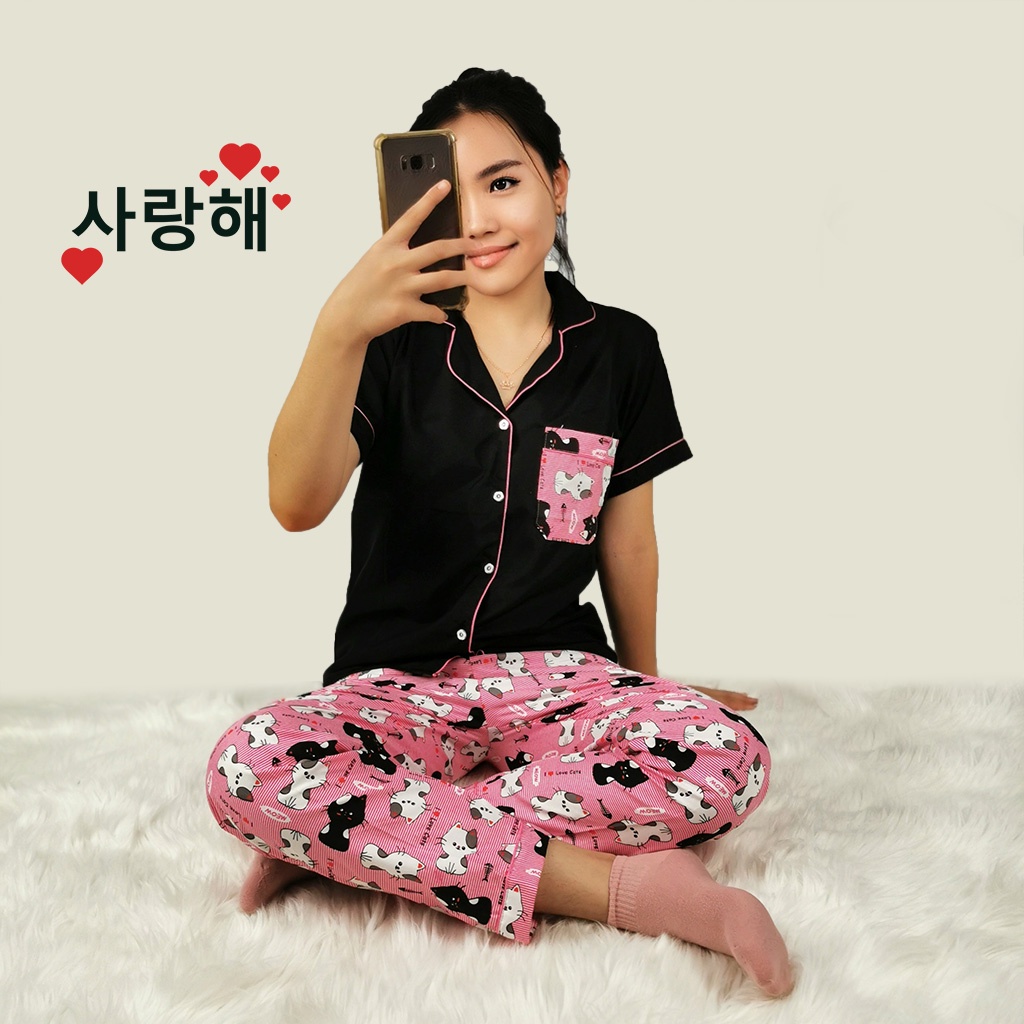 Baju Tidur Piyama Wanita Dewasa Setelan CP Motif Trendy-CPL CAT PINK COMBINA