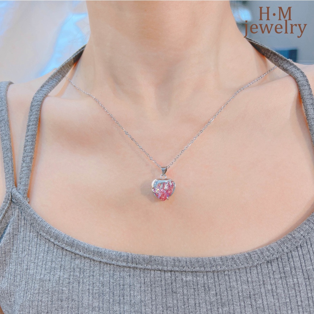 Kalung Liontin Bentuk Hati Warna Pink Bahan Zirkon Untuk Perempuan