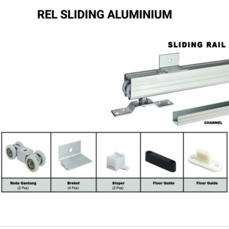 Rel Pintu Geser/Sliding Rail Aluminium D2/J2 Panjang 1.6 Meter Komplit Set