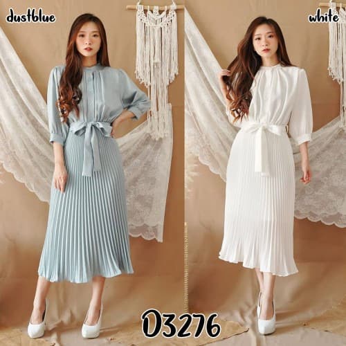Dress wanita / cewek casual pleated warna polos midi selutut cantik
