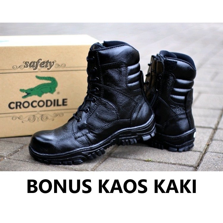 Sepatu PDL PDH TNI Polisi Provos Satpam Satpol PP Crocodile Bantal Safety Kulit Asli Bonus Kaos Kaki