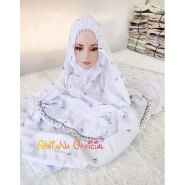 Mukena Terusan Bordir Putih Bersih Mukena Lajuran Langsungan Bahan Katun Adem Motif Bintang Kerut, Simpel