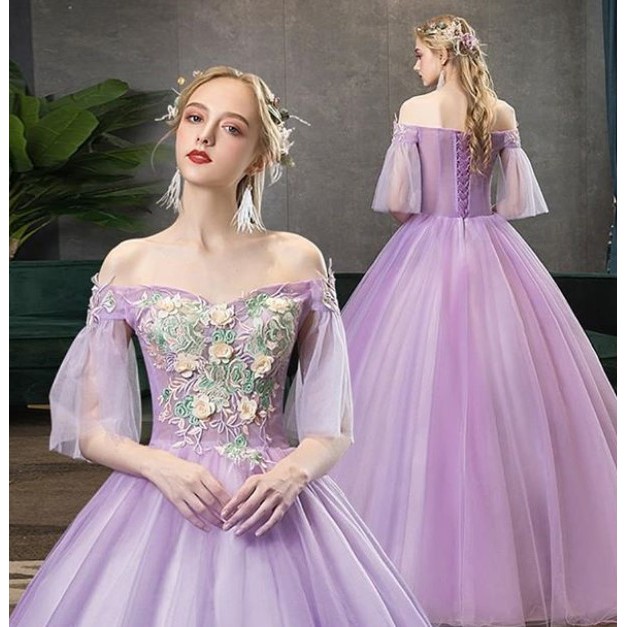 gaun pengantin ungu elegan Off Shoulder Slim Fit bordir renda gaun pesta pernikahan Ball Gown Dress