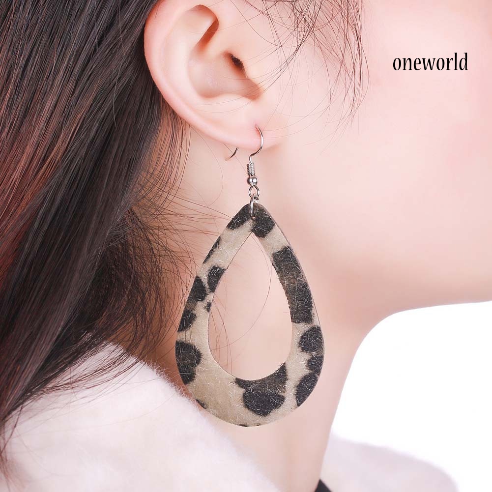 OW# Women Leopard Print Teardrop Dangle Faux Leather Hook Earrings Jewelry Gift