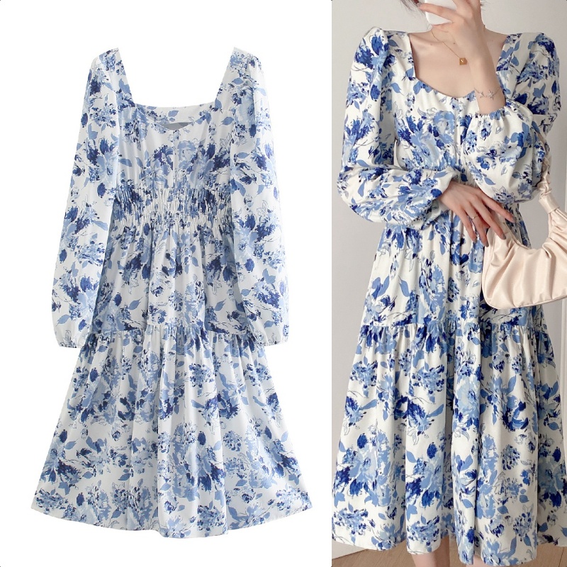 Dress Korea / Korean Dress / Dress Bunga / Dress Korea Flora / Dress Lucu / Dress biru / Summer Dres