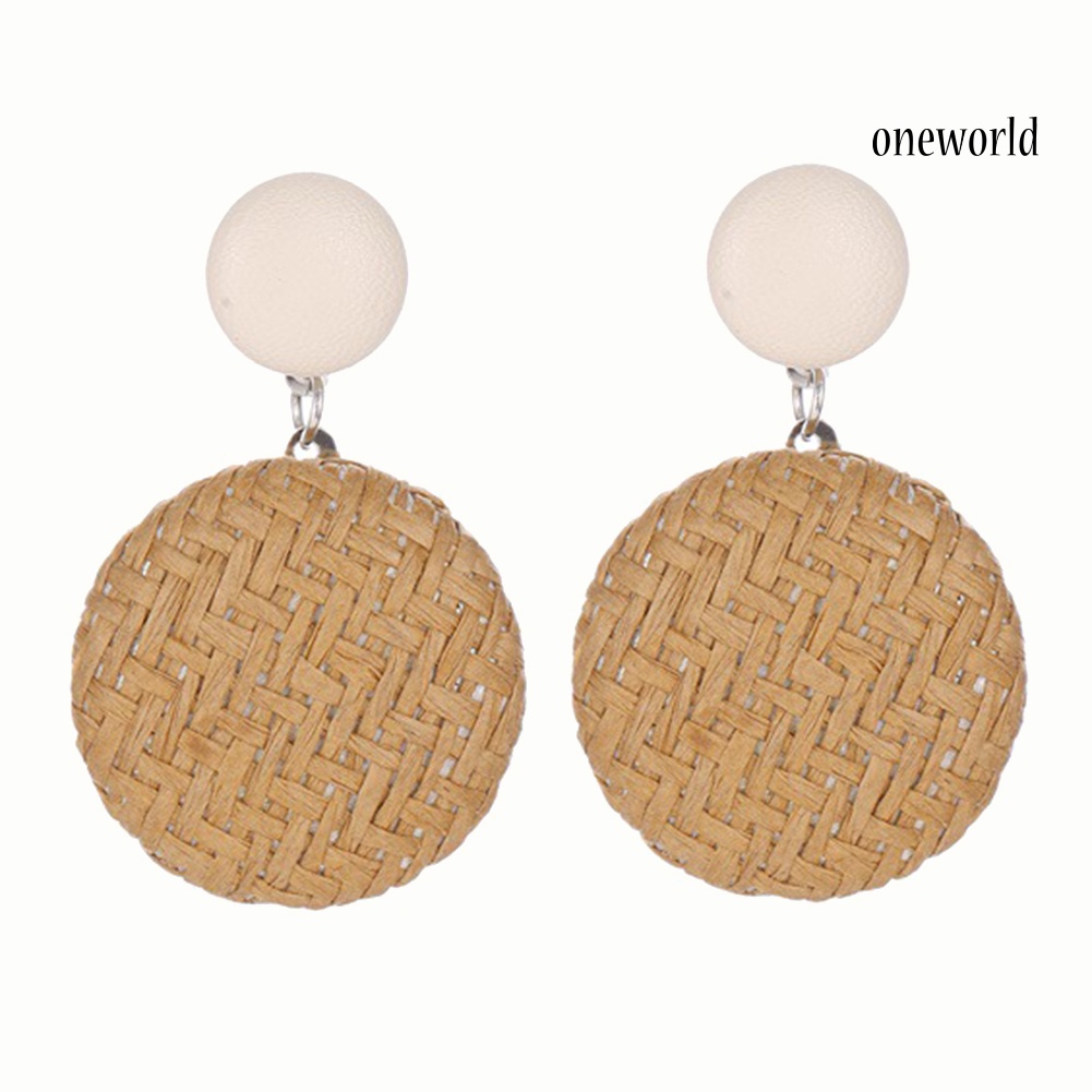 OW@ Boho Women Geometric Round Button Woven Straw Dangle Stud Earrings Jewelry