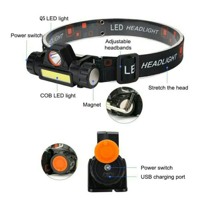 lampu senter kepala head lamp COB