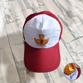 Topi Merah Putih / Topi Merah Polos Anak SD / Topi Seragam Sekolah SD Kelas 1-6 Logo Bordir