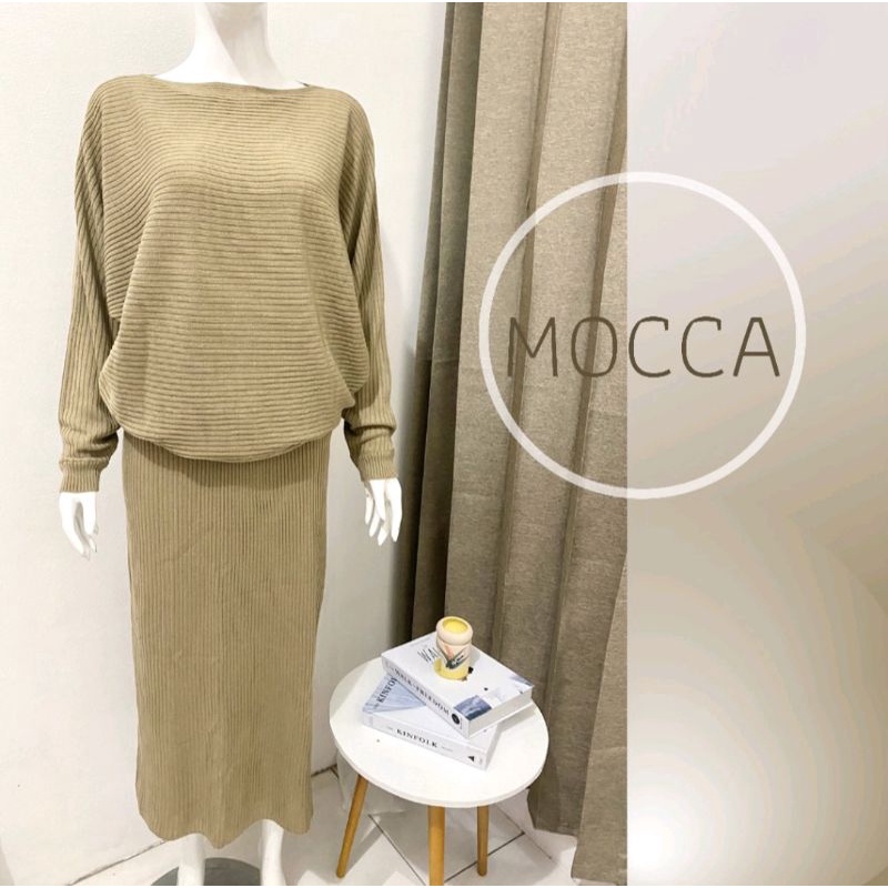 CARDIGAN RAJUT WANITA / STELAN | ONE SET ATASAN LASPERAL BATWING+ROK RAJUT PANJANG TERMURAH/ ATASAN RAJUT WANITA PASHIEN KEKINIAN TRENDING 2022-ONE SET MOCCA