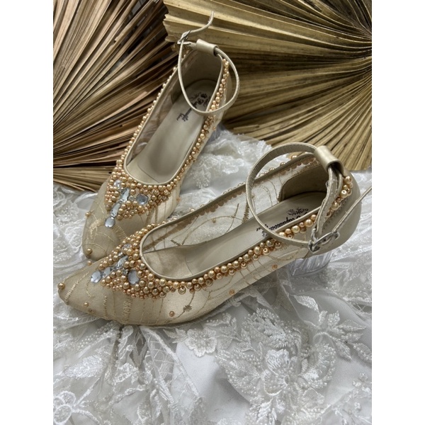 sepatu wedding wanita sayfira gold tali 5cm kaca
