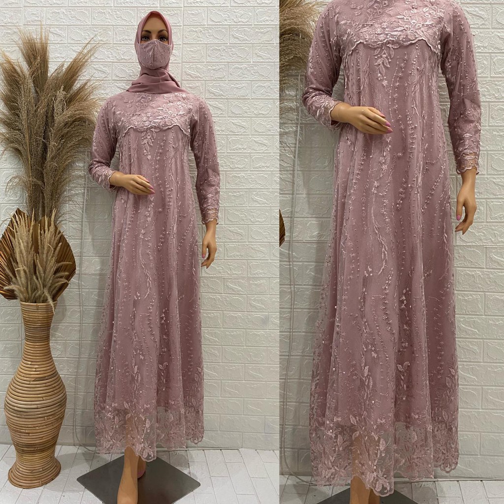 TERBARU LONG DRESS TULLE MUTIARA BORDIR / LONG GAMIS TULLE MUTIARA BORDIR /PROMO LONG DRESS PESTA