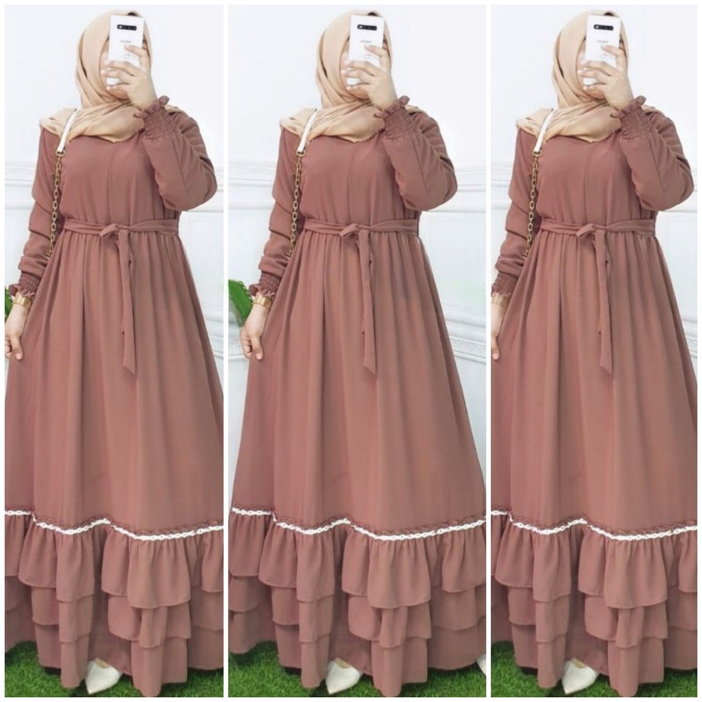 amelia maxi ceruty bebydoll renda susun /gamis syarii ceruty bebydoll motif/ gamis  fashion muslim terbaru