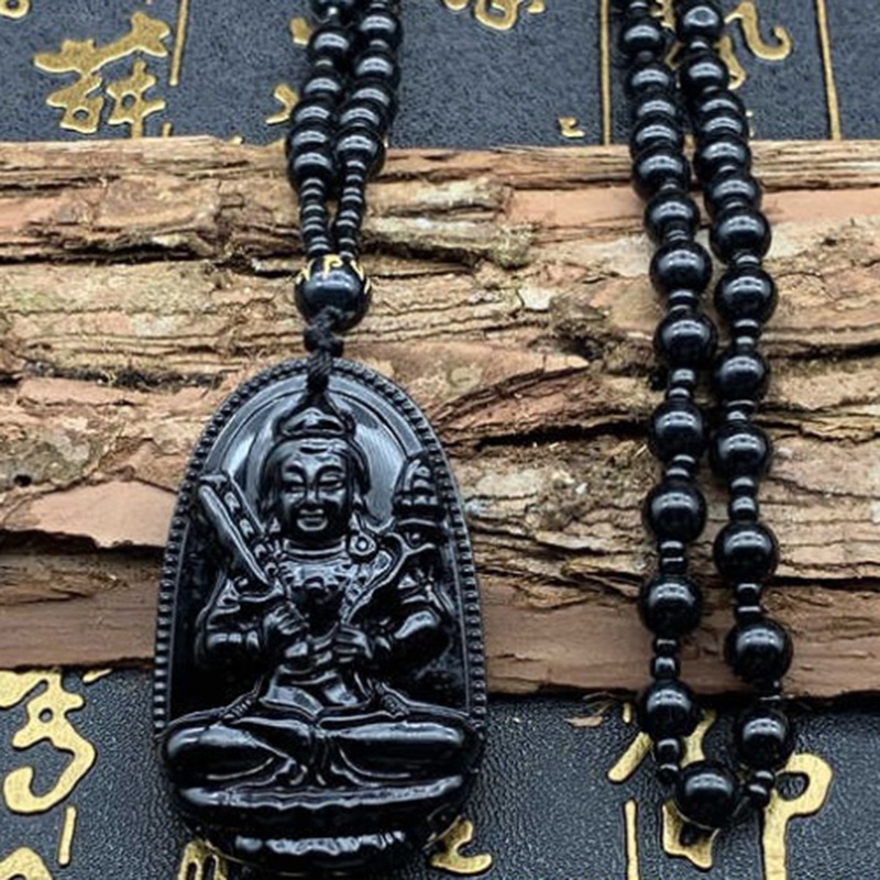 1pc Kalung Liontin Batu Obsidian Alami Ukiran Budha