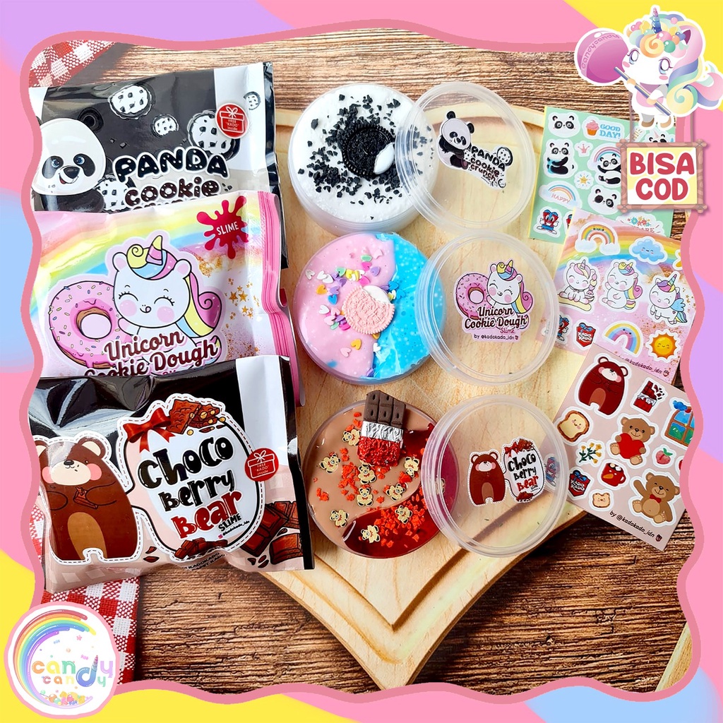 slime Unicorn Cookie Dough &amp; Choco Berry Bear with package by kadokado.idn