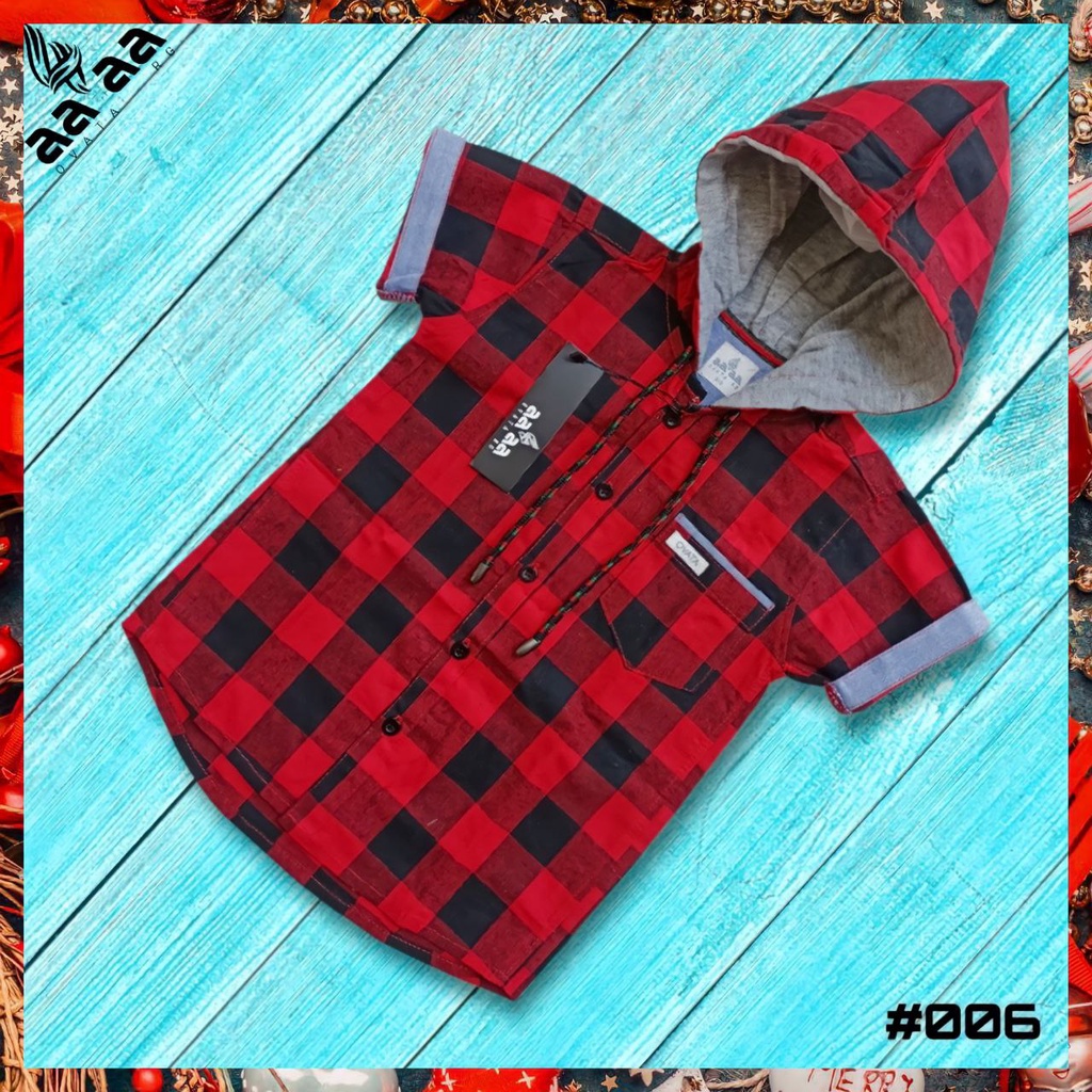OVATA Hoodie Kemeja Flanel Anak Laki Laki Hoodie Kemeja anak Cowok Lengan Pendek Kotak kotak Tartan 