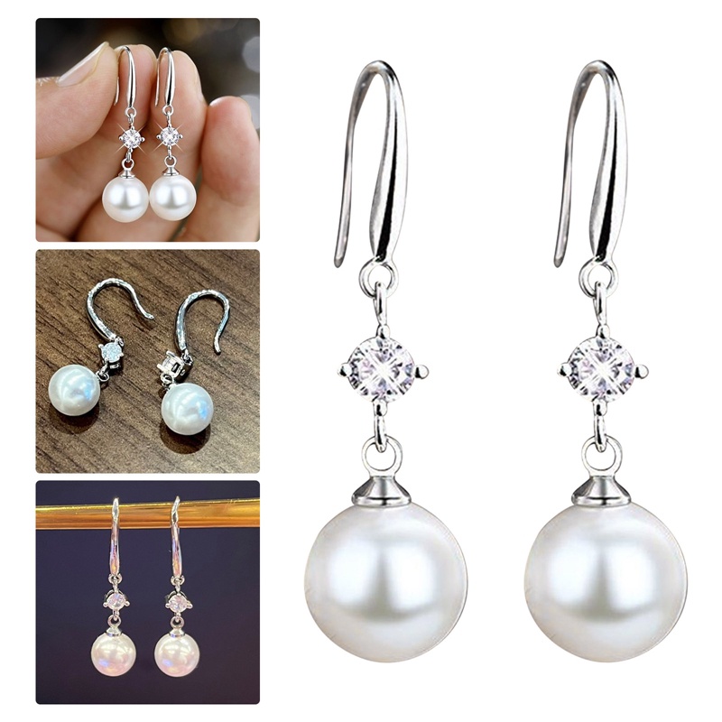 Anting Juntai Bentuk Bulat Aksen Mutiara Imitasi Warna Silver Untuk Wanita